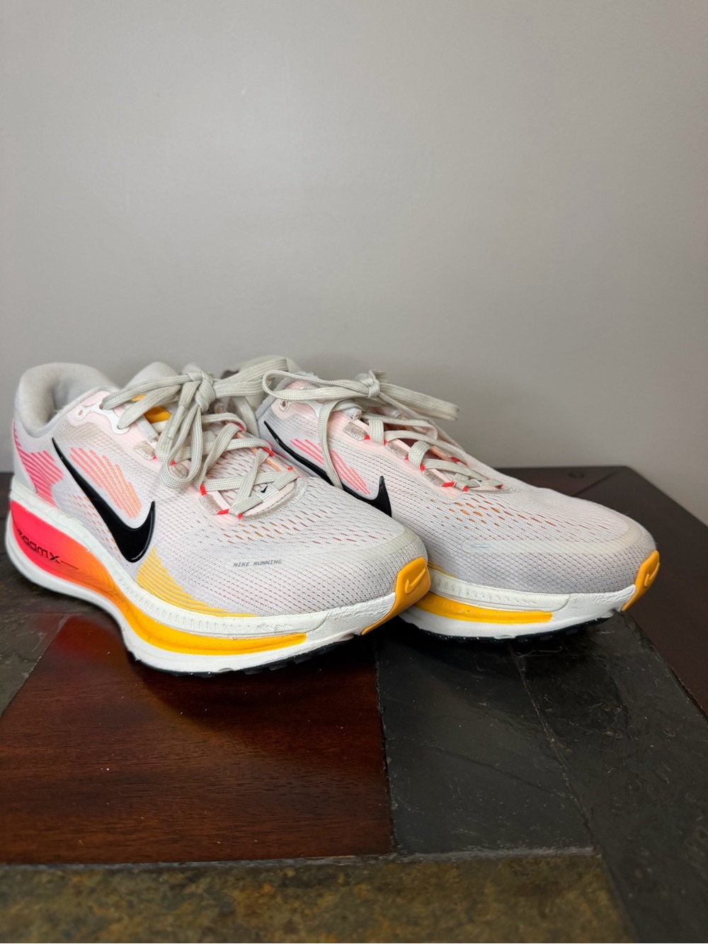 Nike Women’s White Running Shoes with Black Swoosh & Pink/Yellow Accents